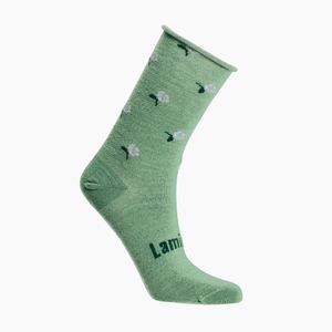 Lamington children's merino crew socks in sage green with natural floral pattern made in New Zealand.