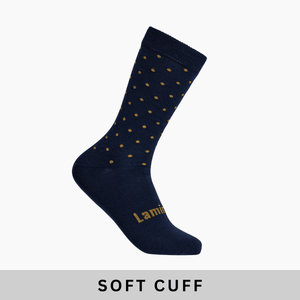 Lamington men's merino soft cuff crew socks in navy with mustard spots made in New Zealand.