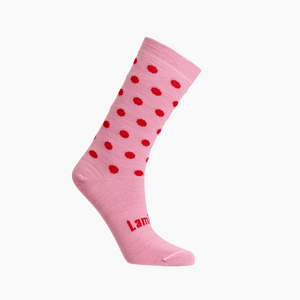 Lamington children's merino crew socks in soft pink with cherry red spots made in New Zealand.