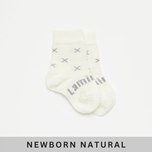 Merino Wool Crew Socks | BABY | Fox - Newborn natural socks with grey cross pattern for baby feet.