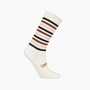 Lamington women's merino crew socks in cream with burgundy, black and latte stripes made in New Zealand.
