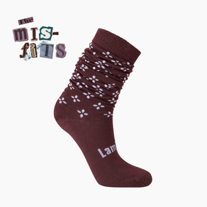 Lamington Merino Wool Socks in maroon with a floral pattern, made in New Zealand.