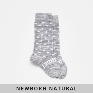 Merino Wool Knee High Socks for Baby in Snowflake, Light Grey Marle with Natural spots, Newborn Natural Collection.