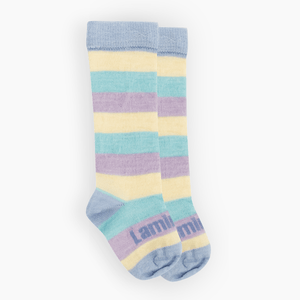 Lamington baby merino knee high socks with pastel blue, yellow, green and lilac stripes made in New Zealand.