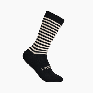 Merino Wool Crew Socks with black base and latte horizontal stripes, perfect for style and comfort.