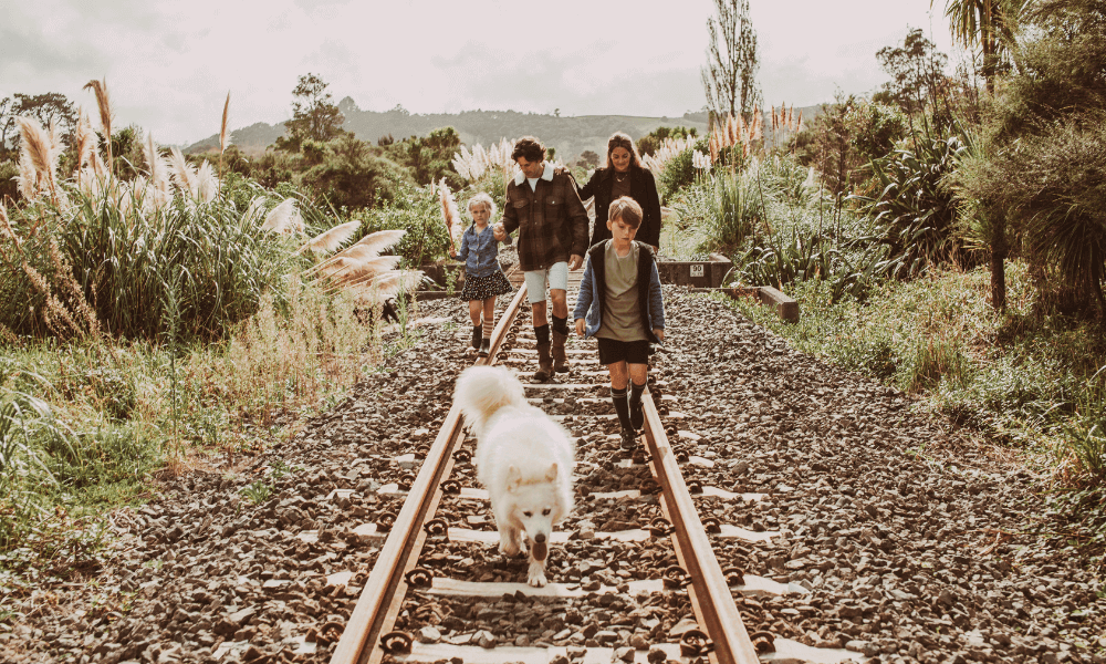 Family walking along a railway track with a dog, wearing warm merino wool socks for comfort and warmth.