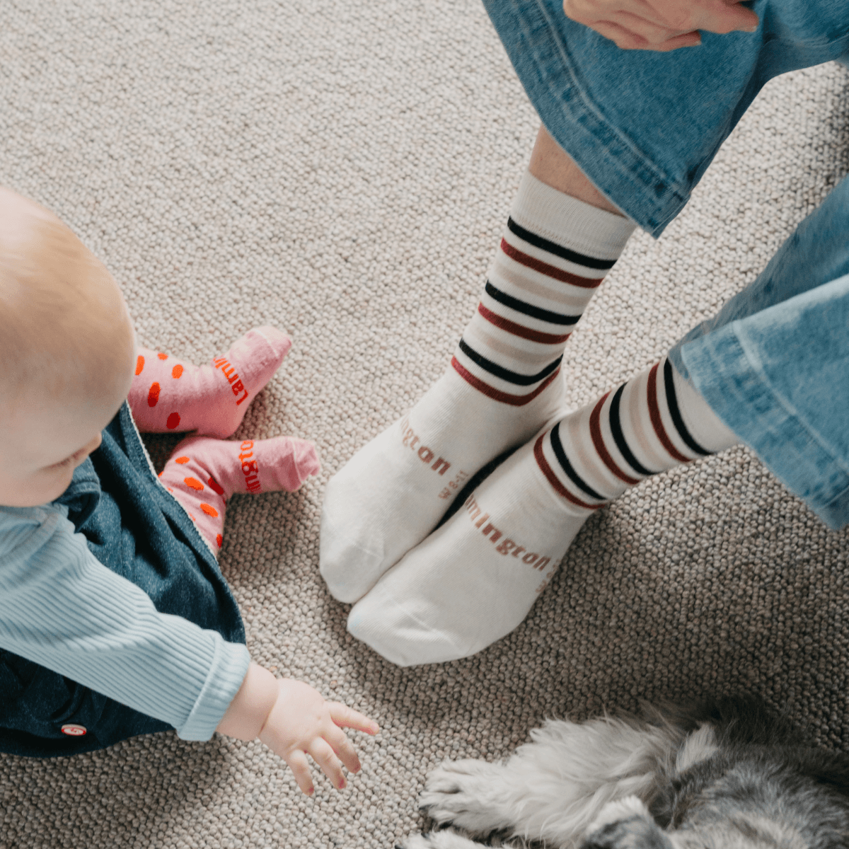 Merino Wool Crew Socks for Women in creamy base with burgundy, black, and warm latte stripes.