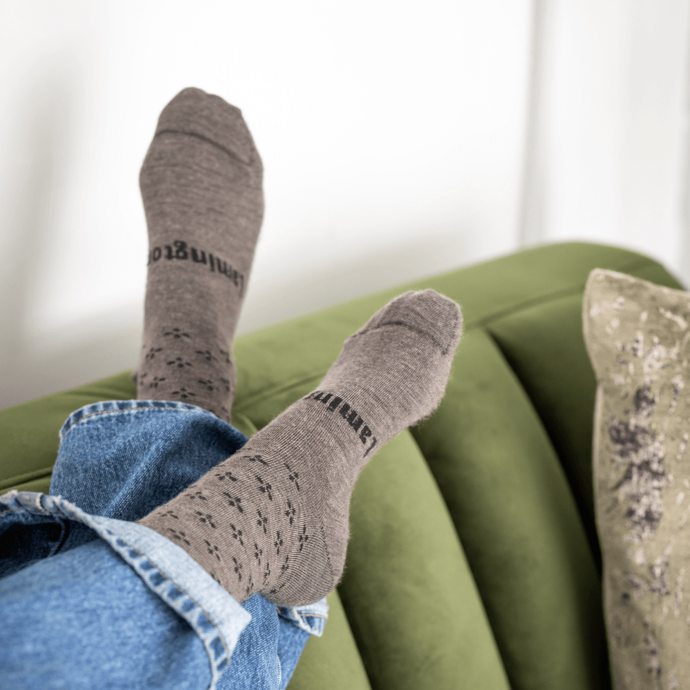 Lamington women's merino crew socks in Tussock mushroom brown and grey with black cross pattern made in New Zealand.