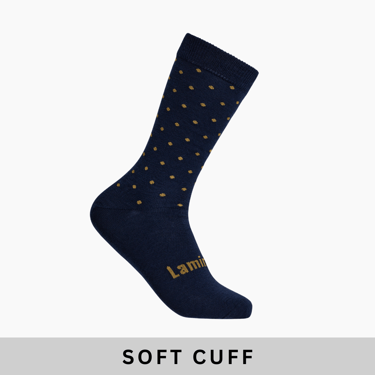 Merino Wool Soft Cuff Crew Socks with navy color and oxidised yellow dots for stylish all-day wear.