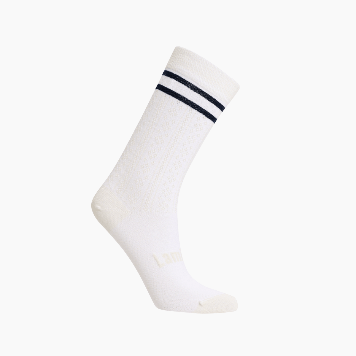 Merino Wool Crew Socks for Women - Audrey, featuring a soft opal color, lace texture, and stylish black stripes.