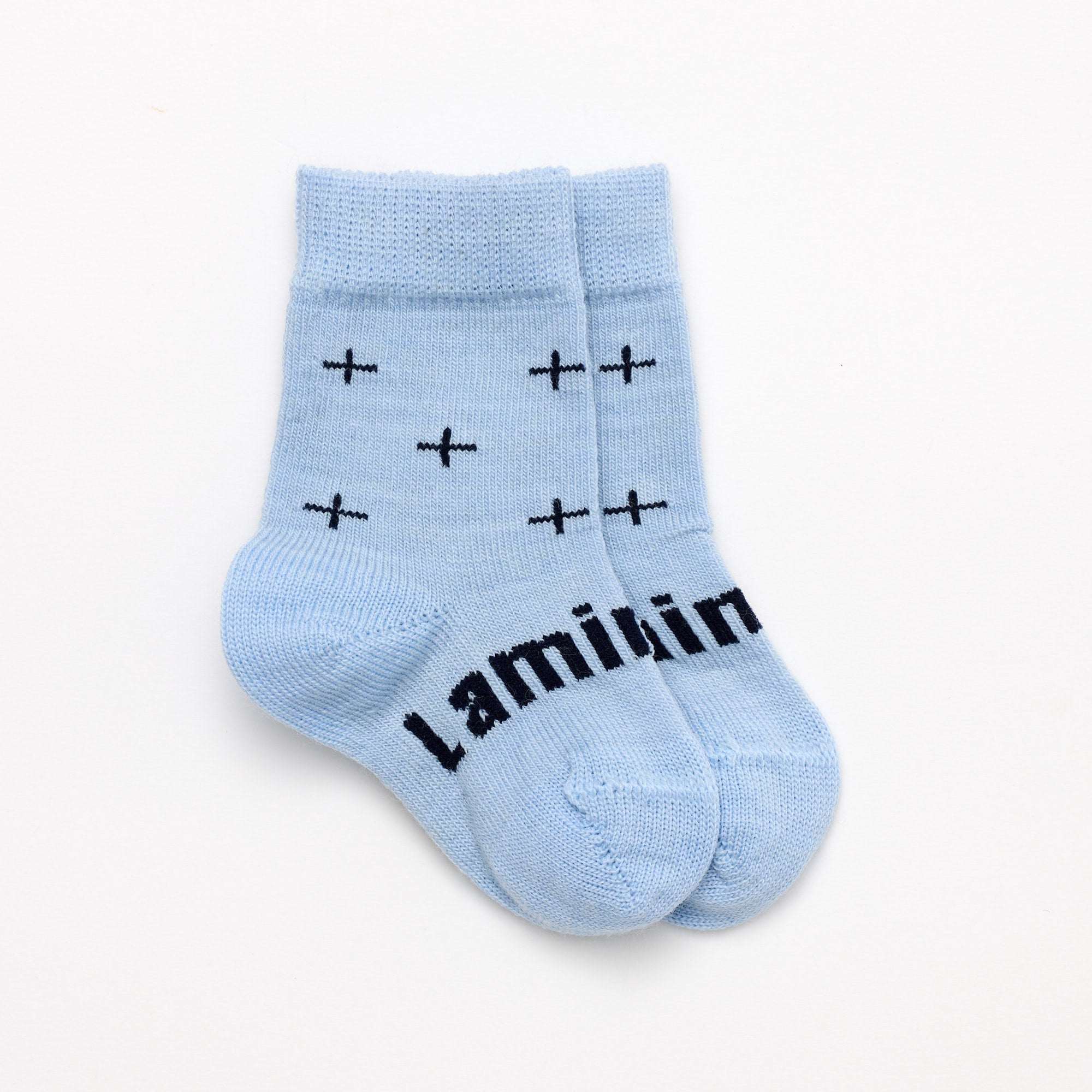 Light Blue with dark blue crosses merino wool baby crew socks by Lamington NZ