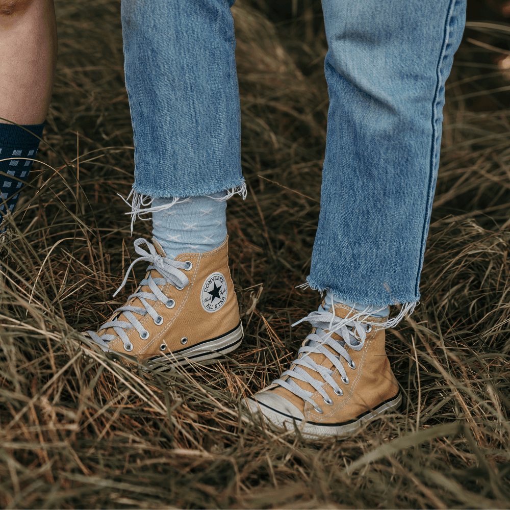 Merino Wool Crew Socks in light blue with stylish cross pattern for women by Beau.