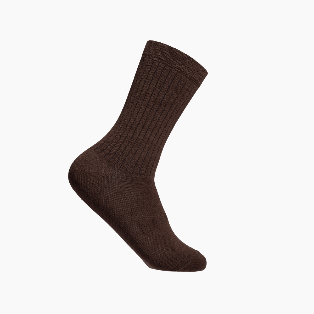Merino Wool Crew Socks in Cacao color, deep brown ribbed design for men's comfort and style.