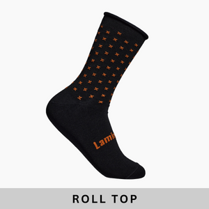 Merino wool comfort socks with roll top crew black with rust crosses for men NZ