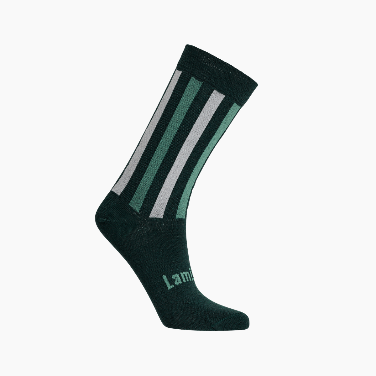 Merino Wool Crew Socks for Woman in Flax with vertical black, natural, and green stripes.