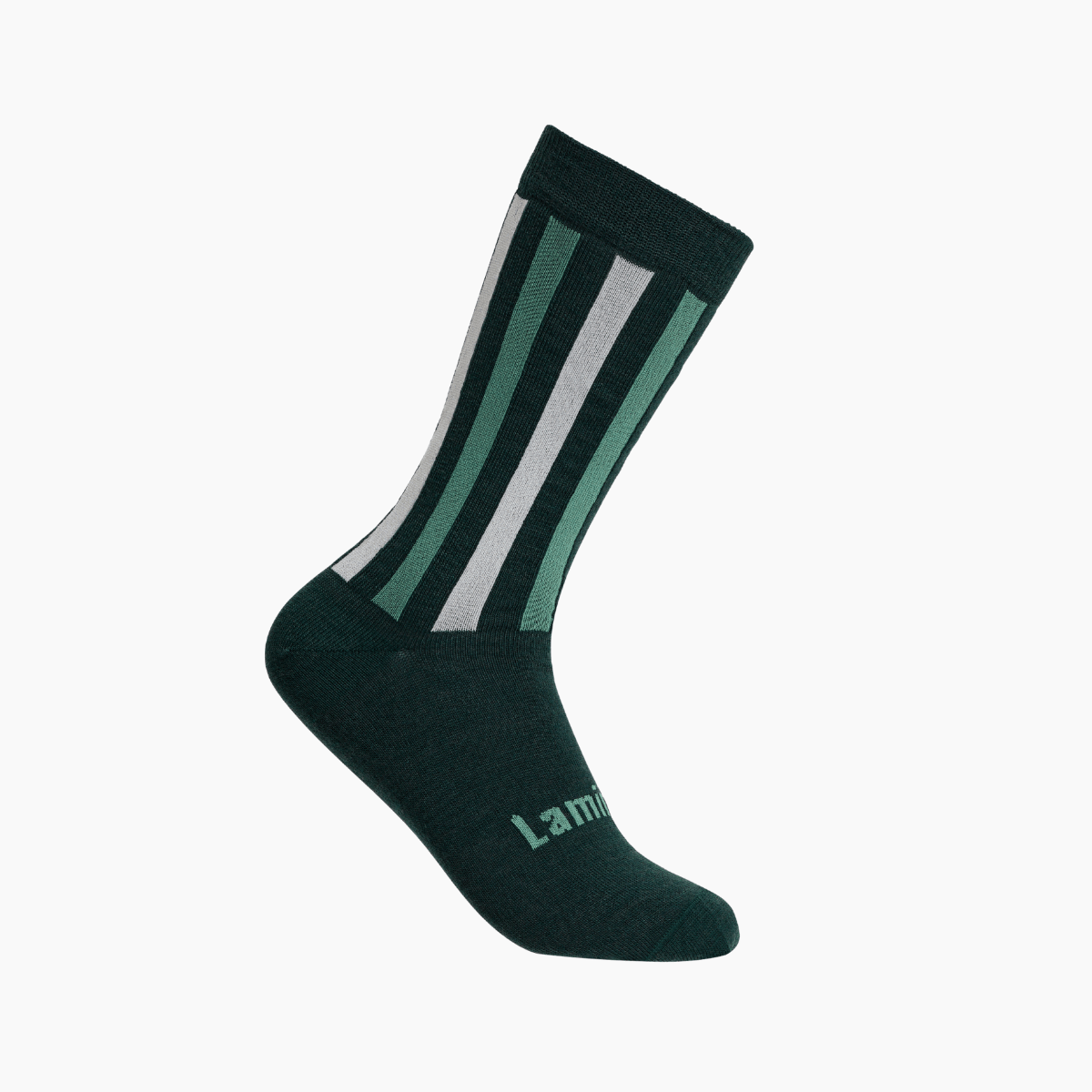 Merino Wool Crew Socks for Men in Flax with vertical black, natural, and green stripes.