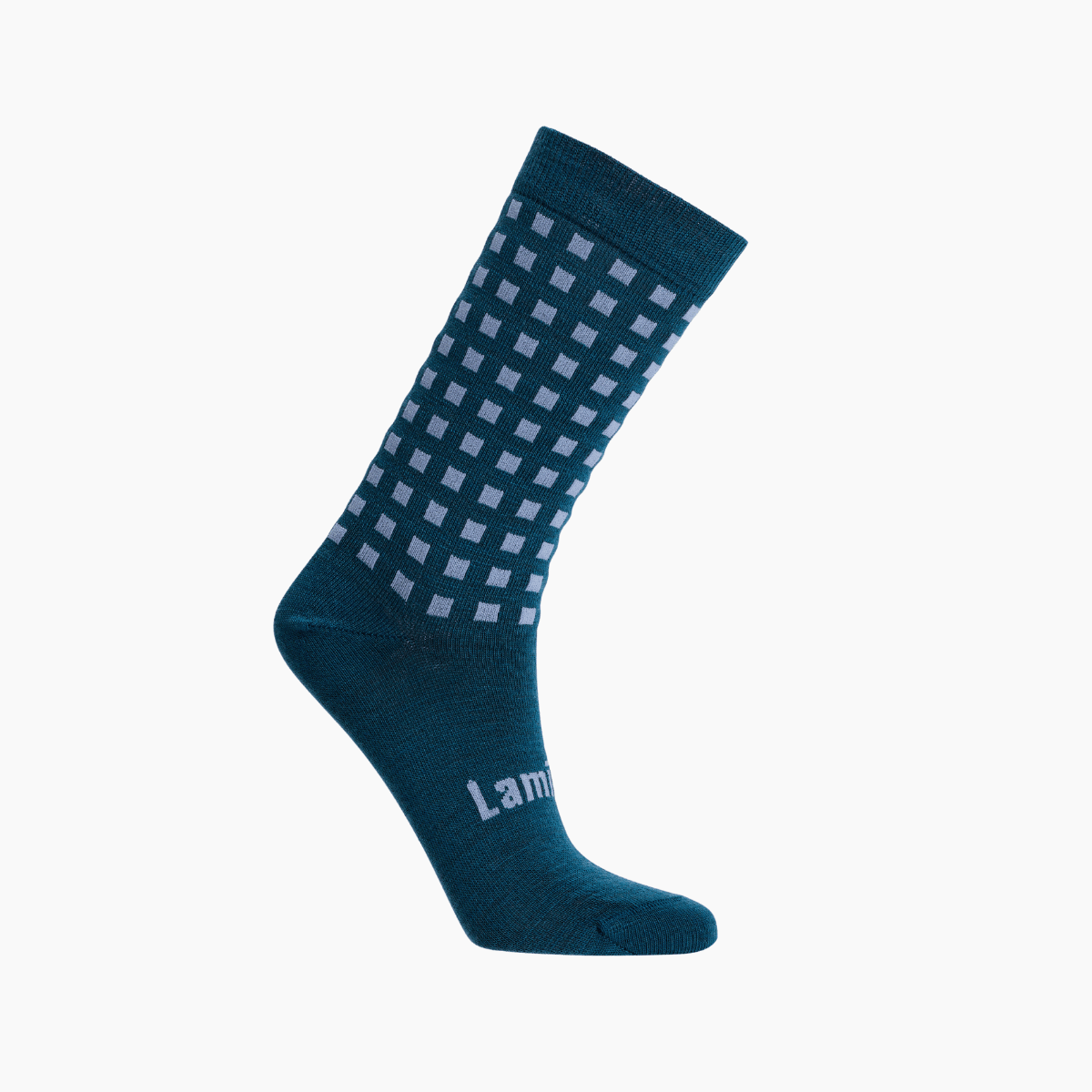 Merino Wool Crew Socks for Women in deep teal with light blue grid pattern, stylish and versatile for everyday use.