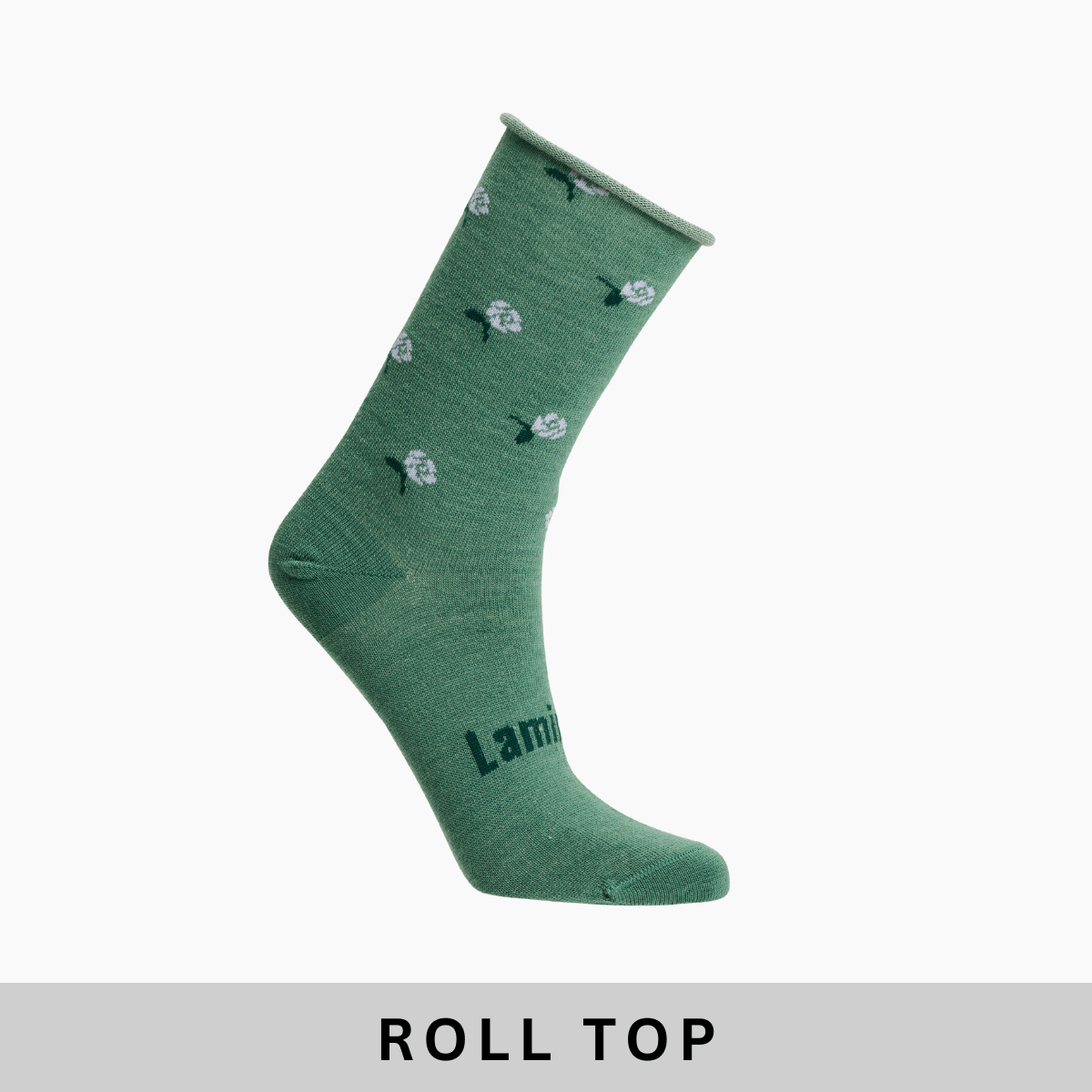 Merino Wool Roll Top Crew Socks for Women in a green hue with flower patterns and roll top cuff for comfort.