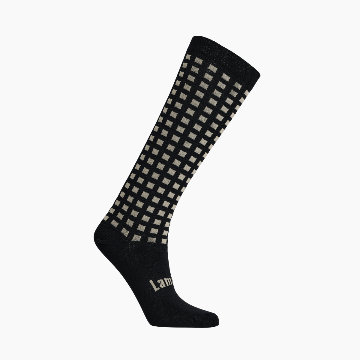 Merino Wool Knee High Socks for Women, black with latte grid pattern, stylish and comfortable for everyday wear.