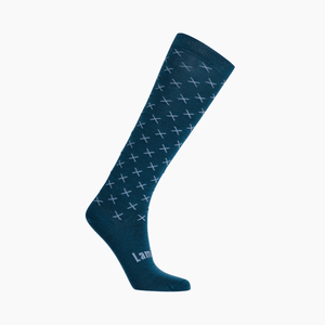 Lamington children's merino knee high socks in deep teal with light blue cross pattern made in New Zealand.