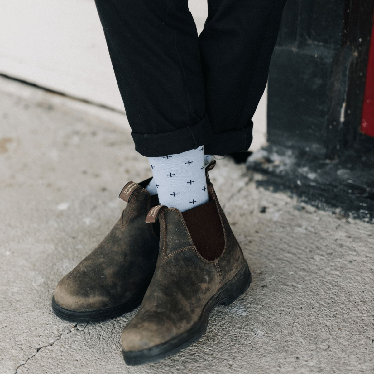 Mens merino wool crew socks Light Blue with Dark Blue crosses by Lamington NZ