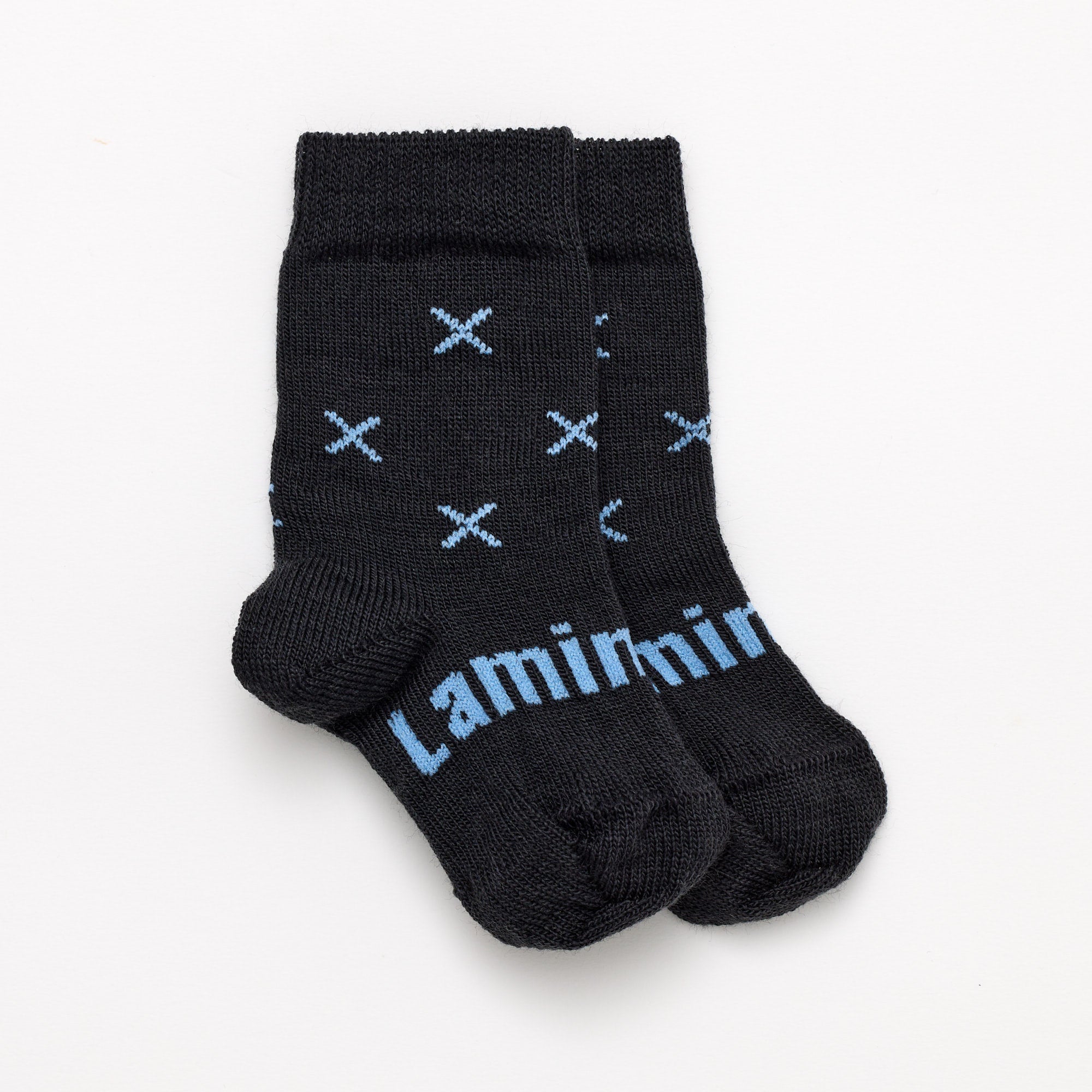 Dark Grey with light blue crosses merino wool baby crew socks by Lamington NZ