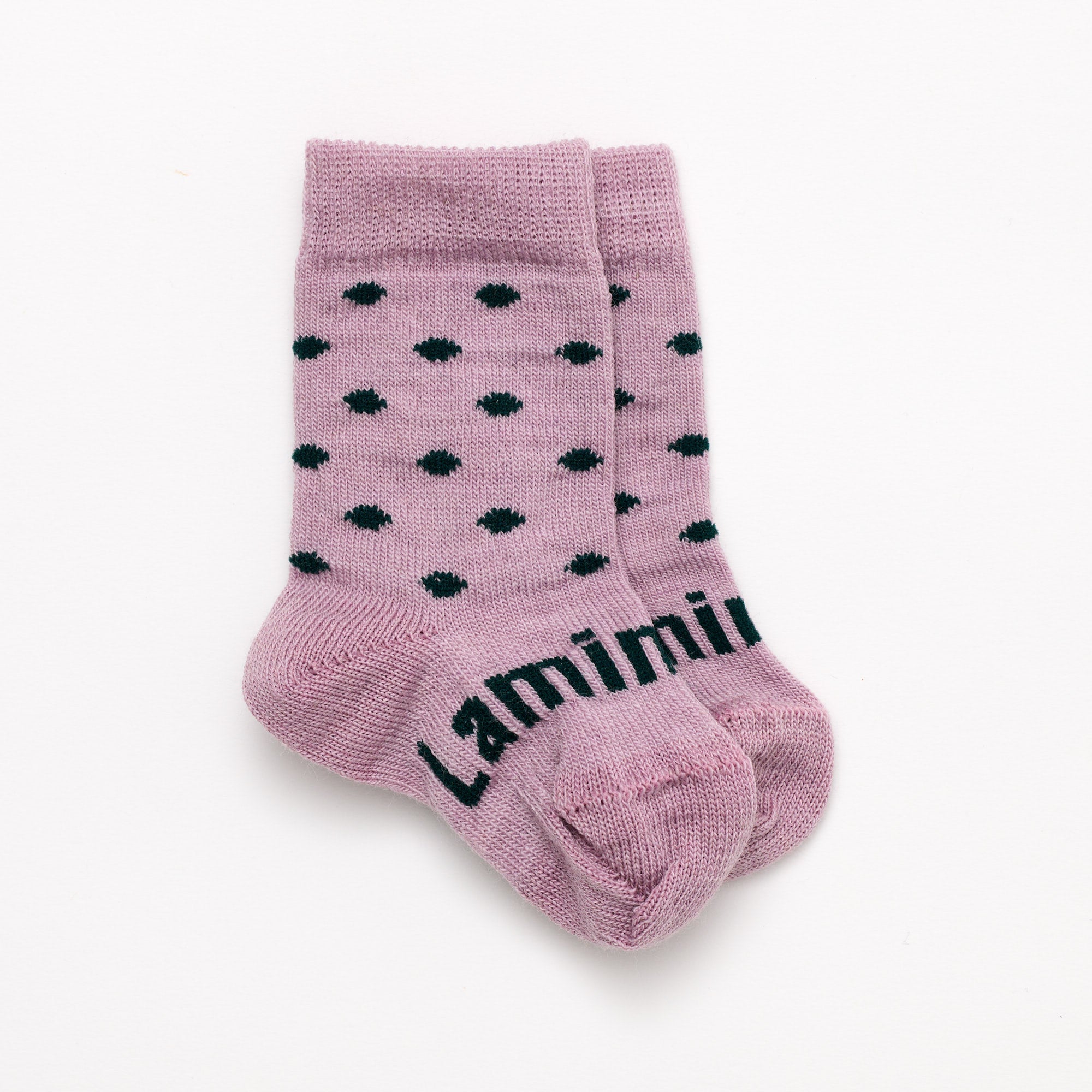 Lilac with dark green spots merino wool baby crew socks by Lamington NZ