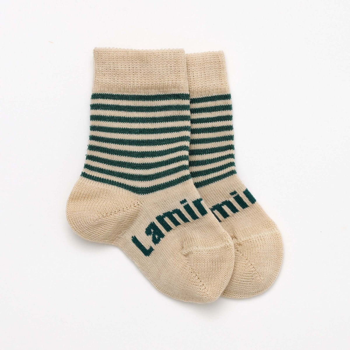 Merino Wool Crew Socks for Baby in Tui - Oatmeal with thin green stripes, soft and cozy for little feet.