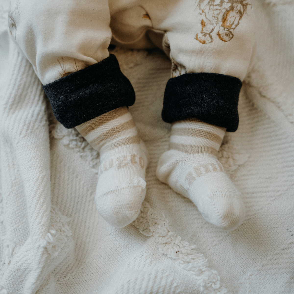 Merino Wool Baby crew socks cream and oatmeal stripes by Lamington NZ