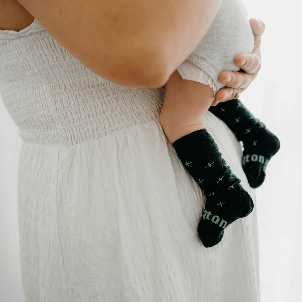 Merino Wool Baby Knee-high socks green with light green crosses by Lamington NZ