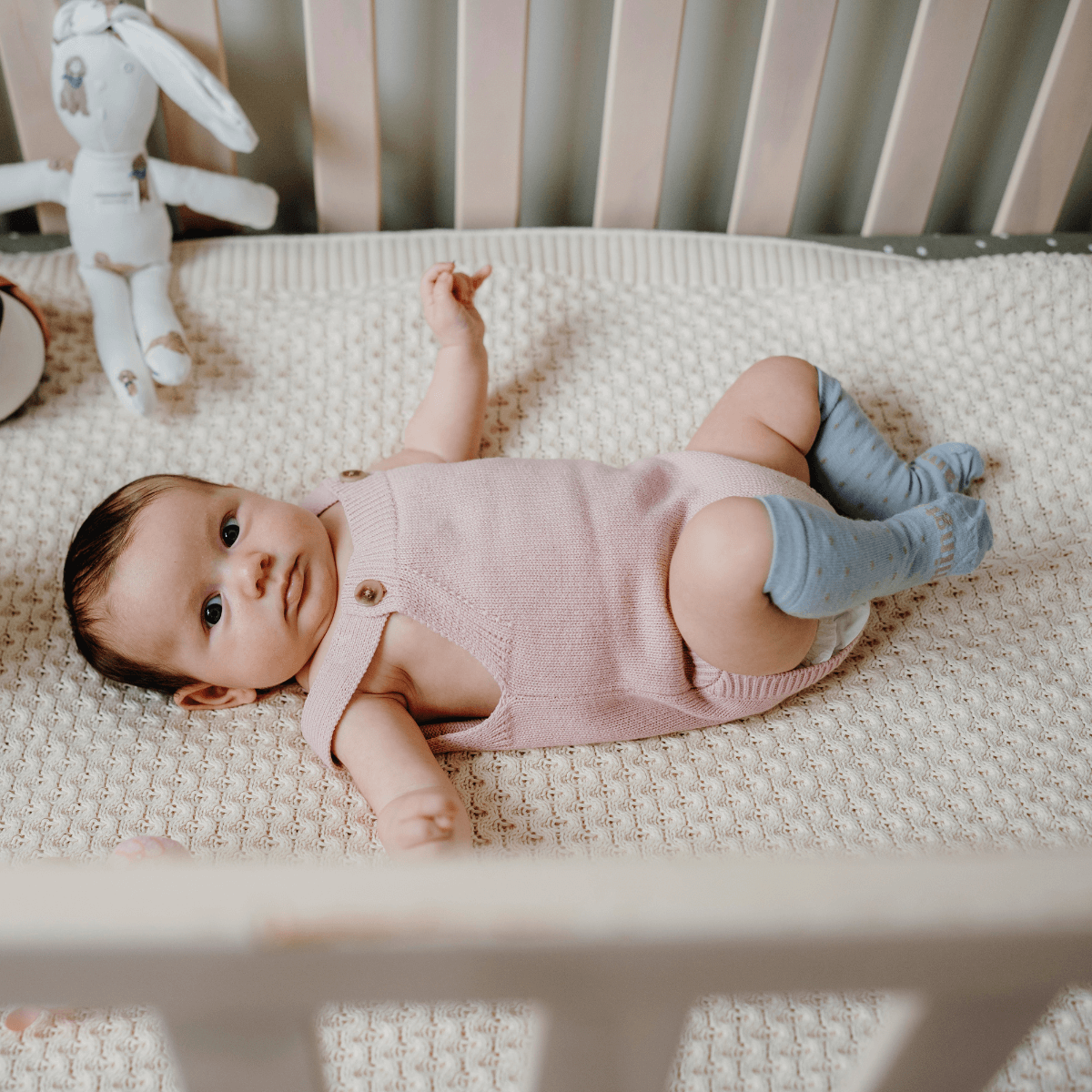 Merino Wool Baby Knee-high socks light blue with lilac spots by Lamington NZ