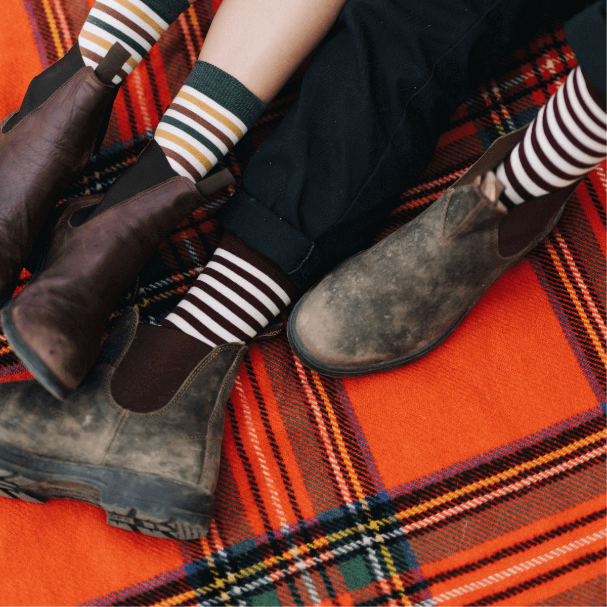 feet on a picnic blanket wearing maroon and oatmeal striped socks