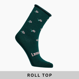 Merino wool comfort socks with roll top crew green with pink flowers for women NZ