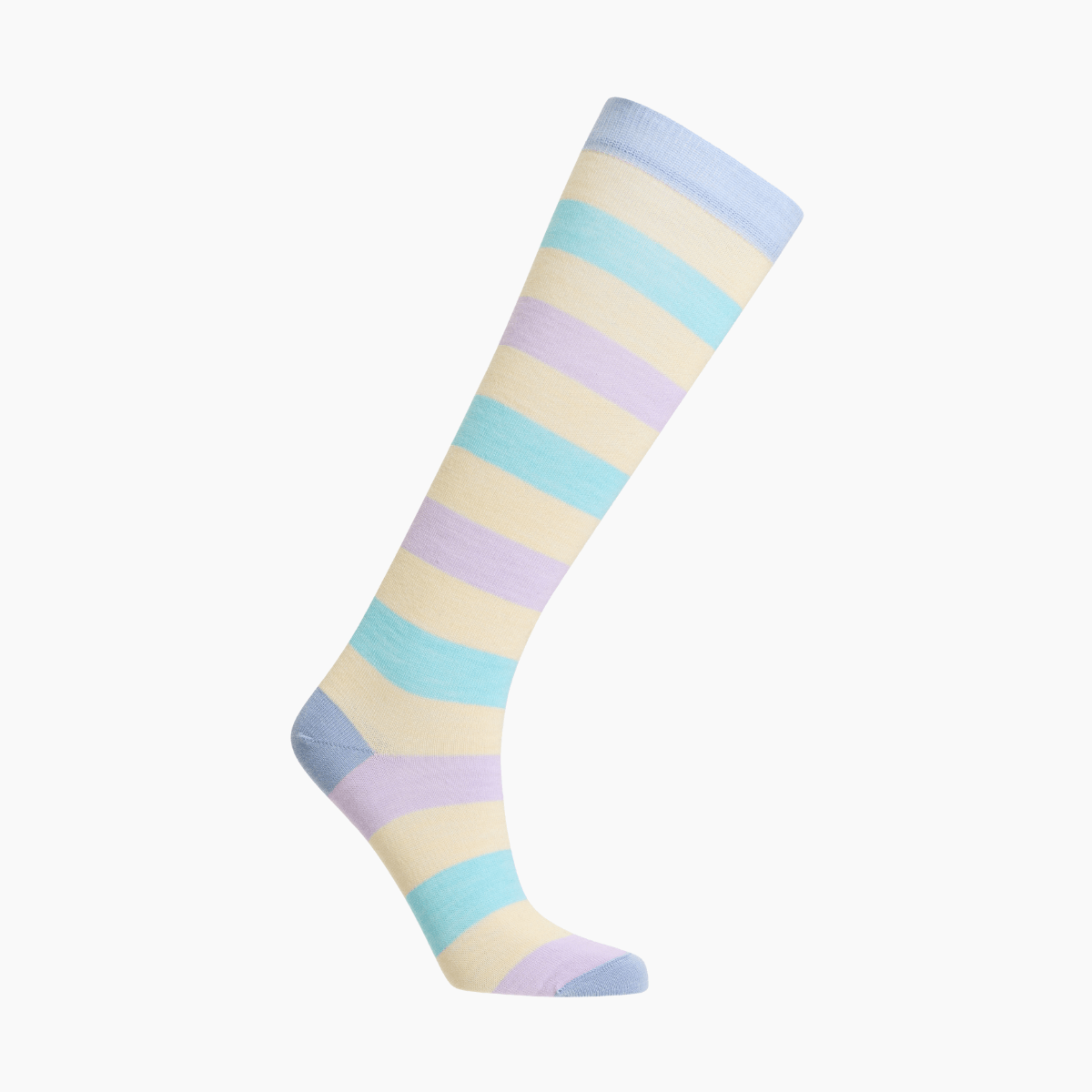 Merino Wool Knee High Socks for Woman in pastel blue, yellow, green and purple stripes, perfect for colder months.