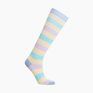 Merino Wool Knee High Socks for Woman in pastel blue, yellow, green and purple stripes, perfect for colder months.