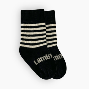 Merino Wool Crew Socks for Baby - West with black and latte horizontal stripes, perfect for keeping little feet warm.