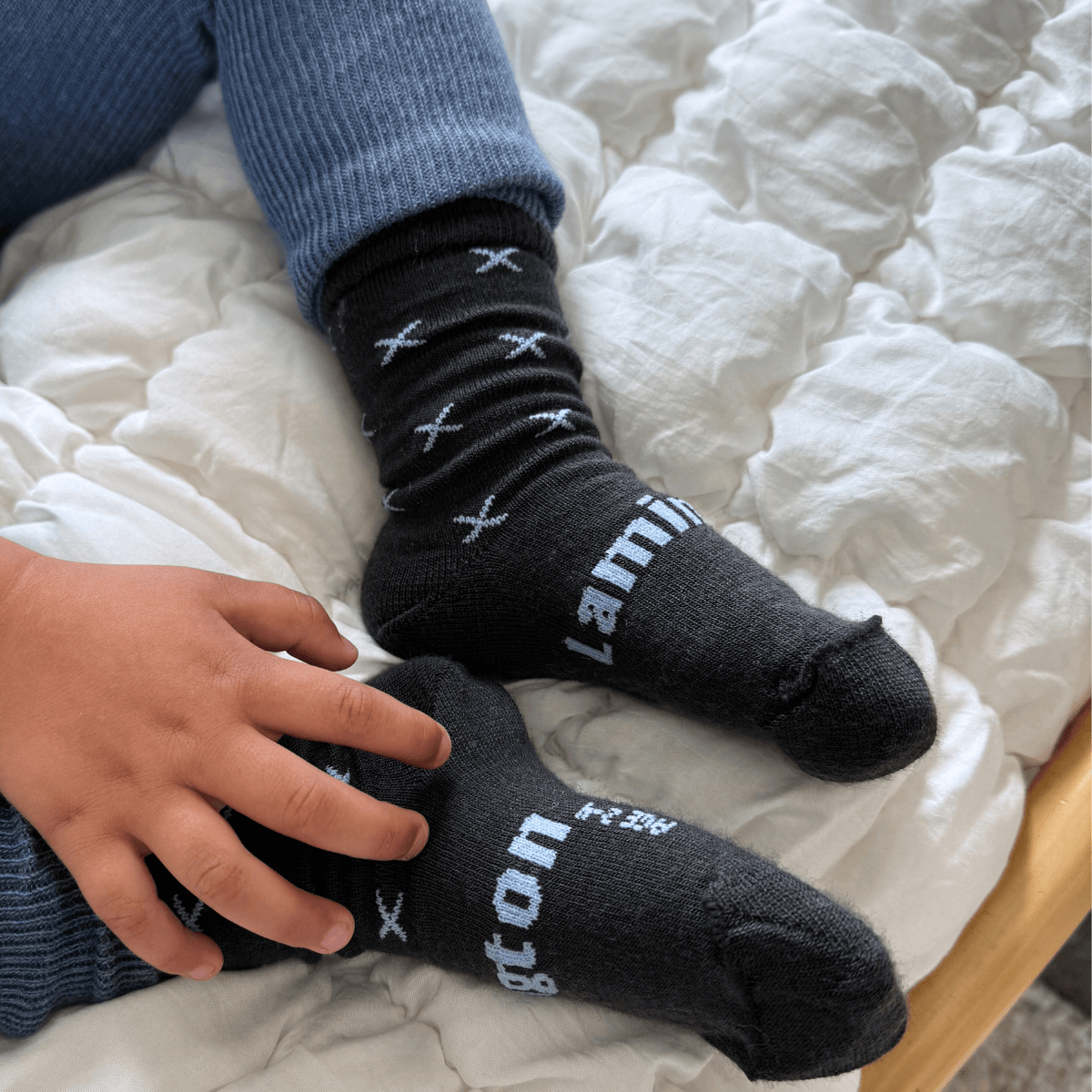 Dark Grey with light blue crosses merino wool child crew socks by Lamington NZ