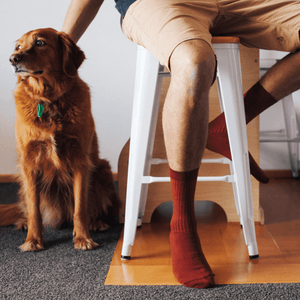 man wearing rust coloured merino wool crew socks by lamington nz