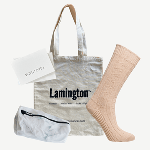 gift bundle with tote bag, laundry bag, card and thick knit merino wool socks women nz